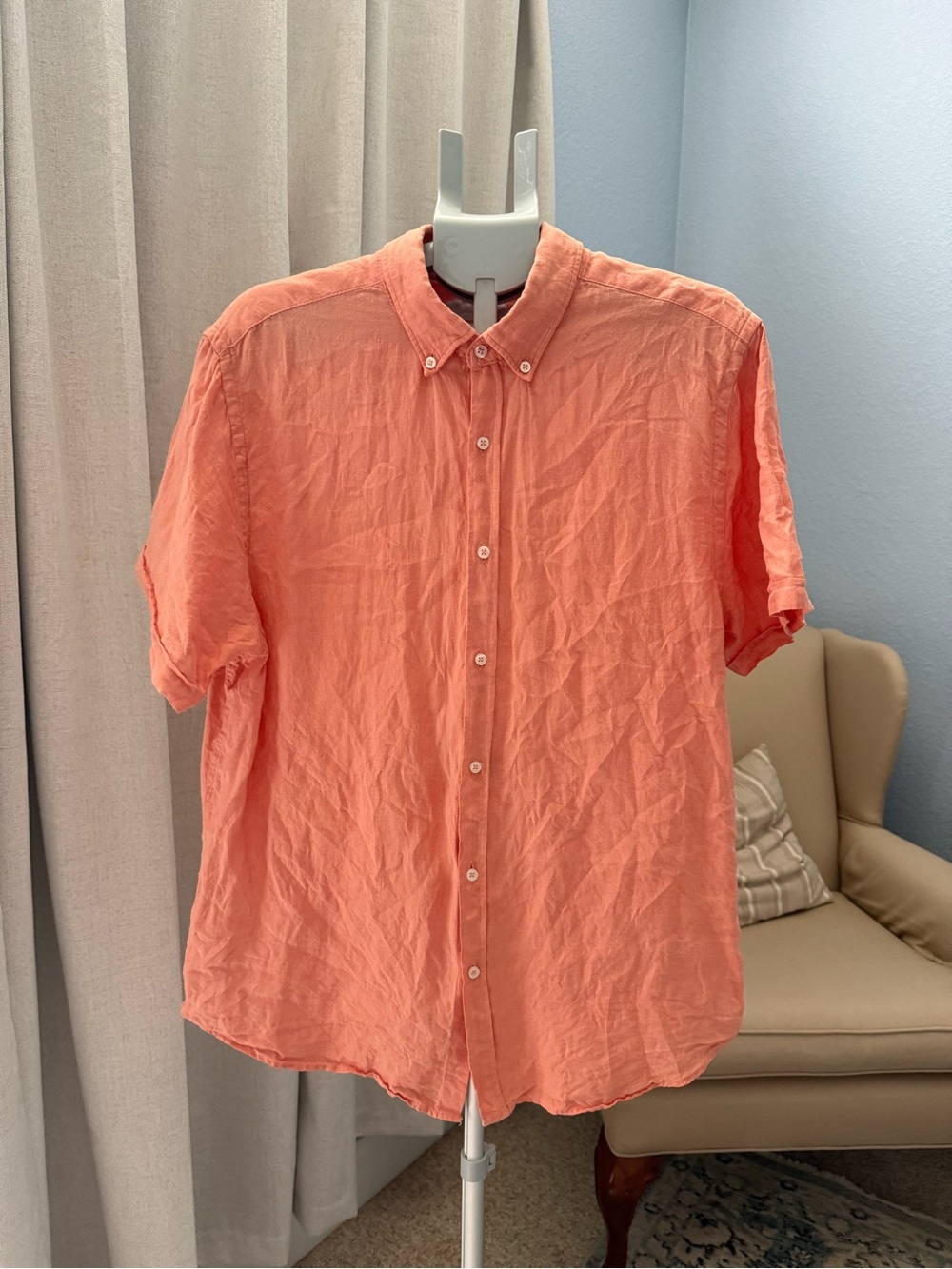 Porter & Ash Men's 100% Linen Short Sleeve Button Down Shirt in Coral Size XL